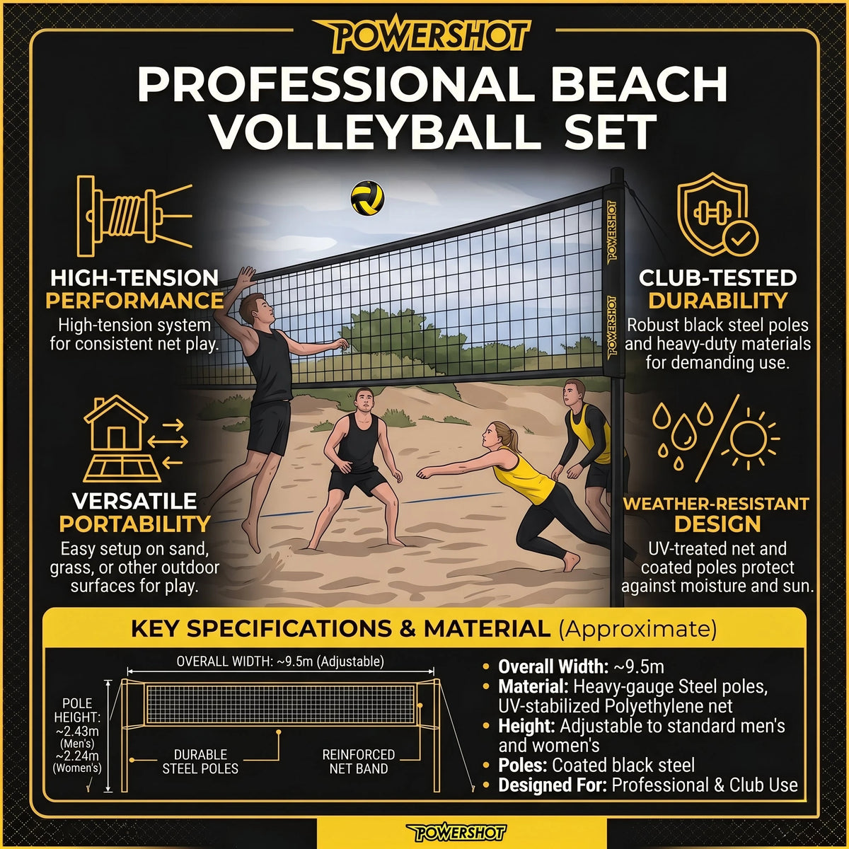 Volleybalset 9.14m met palen, tas, net, bal en pomp