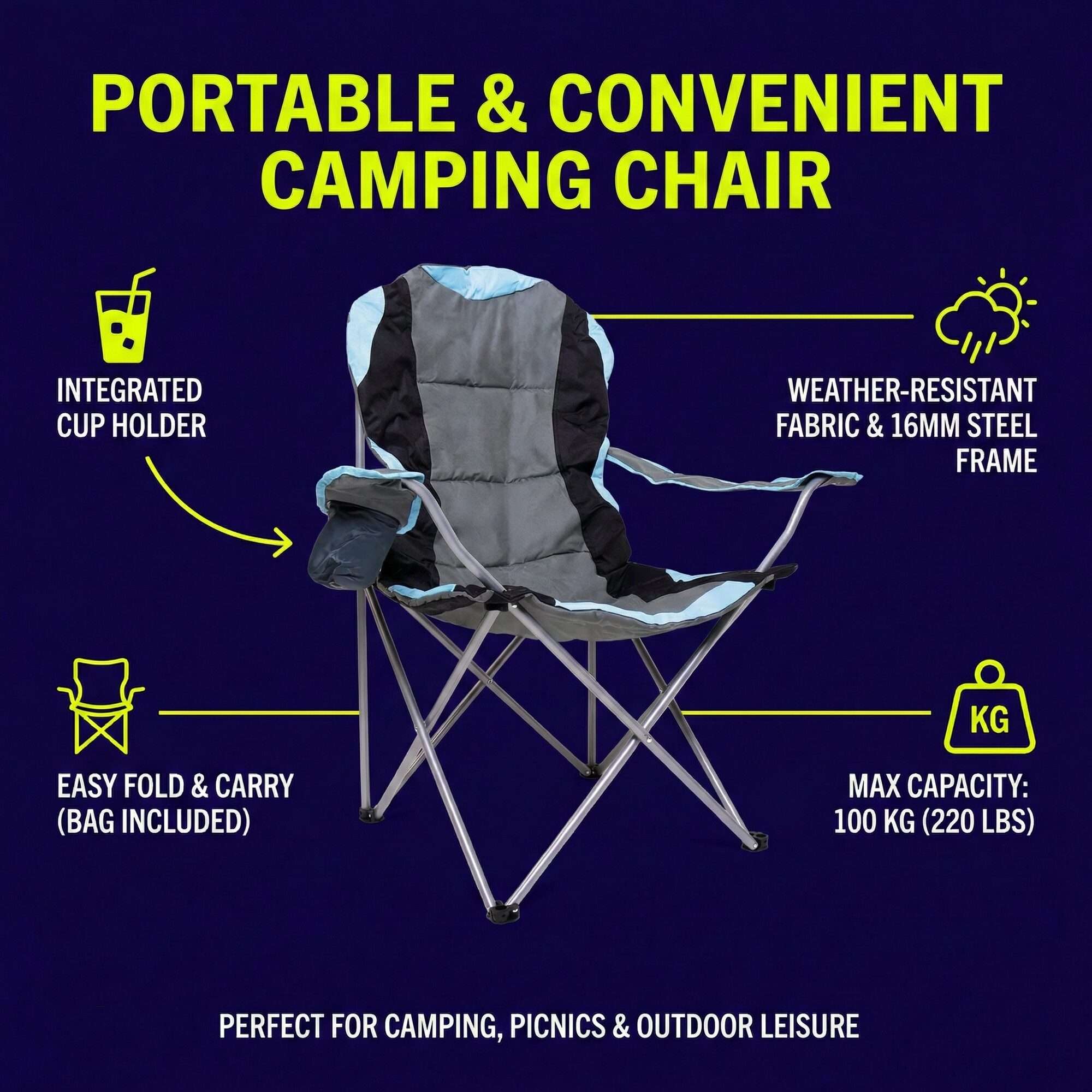 Image du produit : Lot de 2 chaises de camping avec porte bouteille sur l'accoudoir