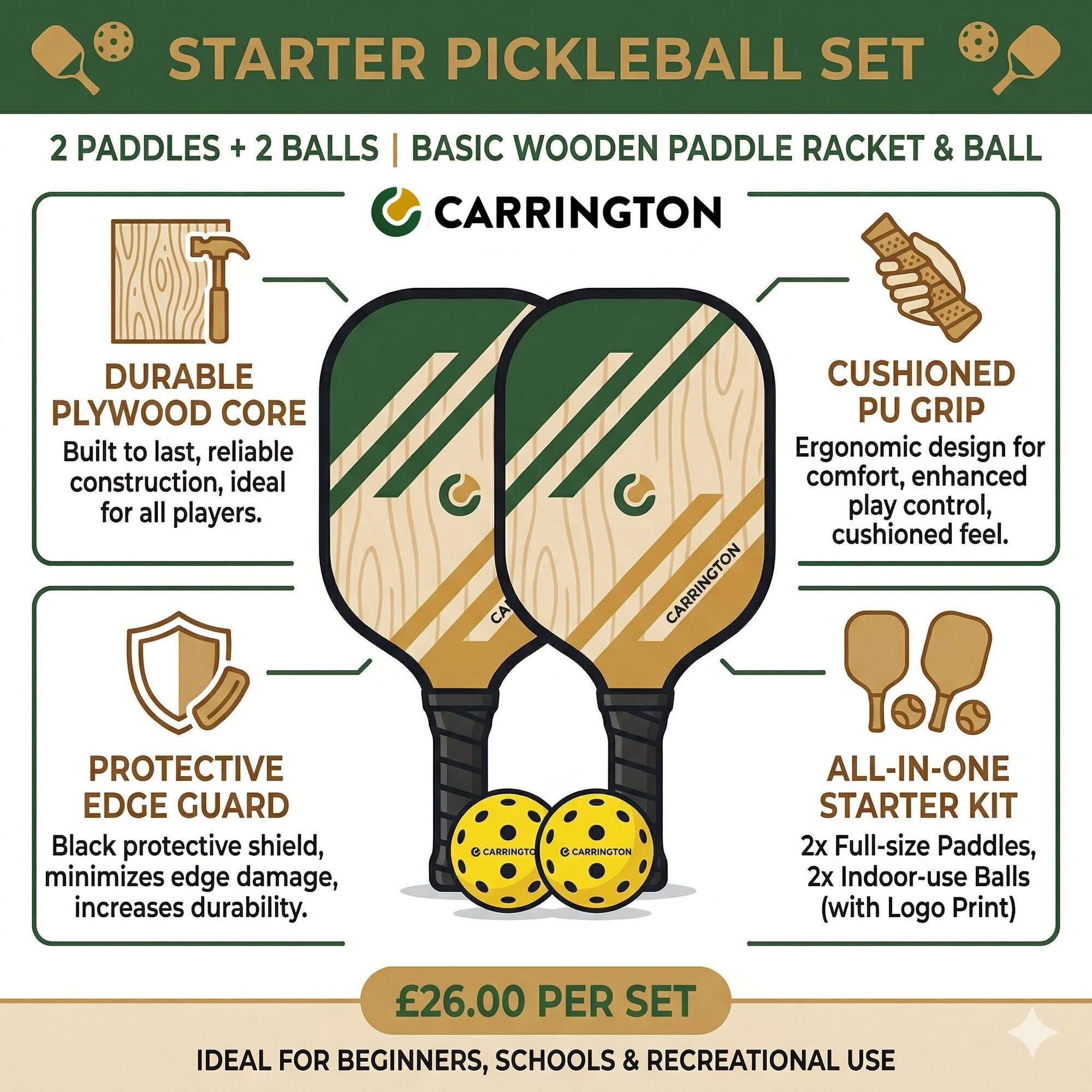 Image du produit : Pickleball - Raquette et balle en bois (lot de 2)